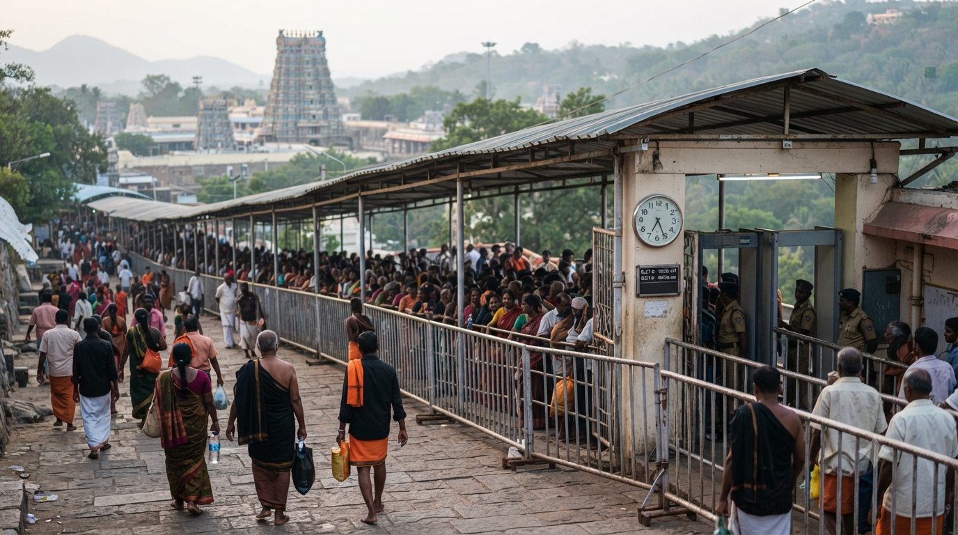 Tirumala darshan late entry guide showing pilgrims waiting near a timed TTD queue entrance