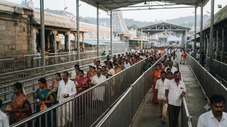 Tirumala Laghu Darshan pilgrims moving through a managed TTD queue