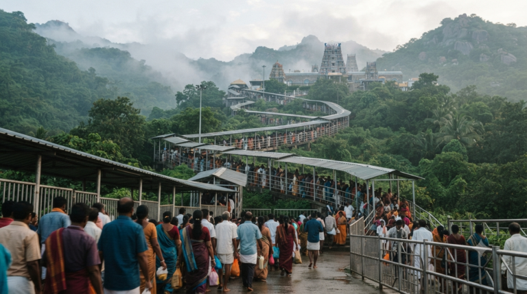 Tirumala live darshan timings with pilgrims waiting in the darshan queue