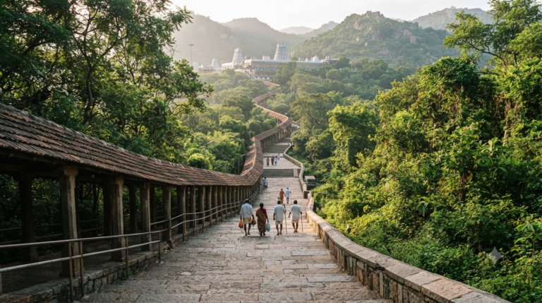 Tirumala Srivari Mettu Walking route with pilgrims climbing the steps