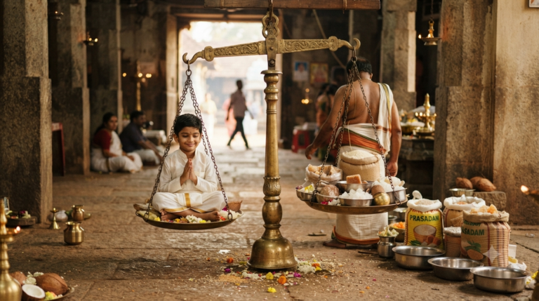 Tirumala Thulabharam booking process with traditional weighing balance and grain offerings