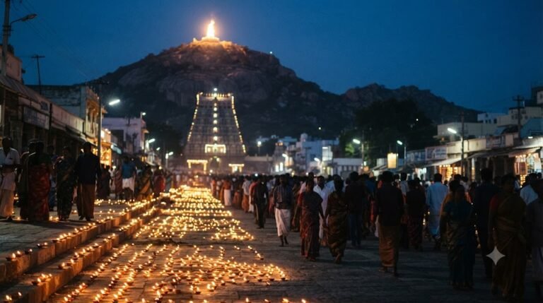 Tiruvannamalai Karthigai Deepam with Maha Deepam glowing on Arunachala Hill at dusk
