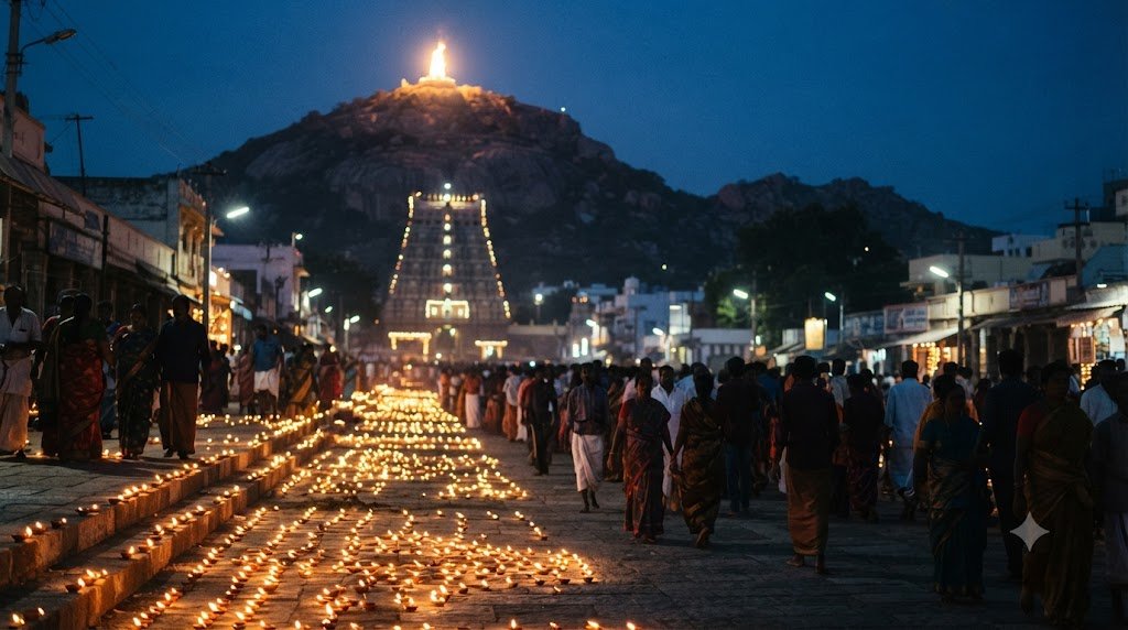 Tiruvannamalai Karthigai Deepam with Maha Deepam glowing on Arunachala Hill at dusk