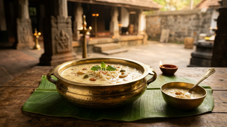 Guruvayur Palpayasam offering online guide with traditional milk payasam prasadam in a brass vessel