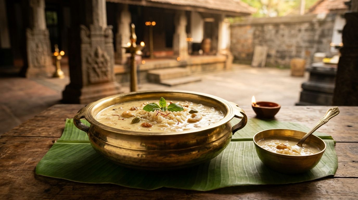 Guruvayur Palpayasam offering online guide with traditional milk payasam prasadam in a brass vessel