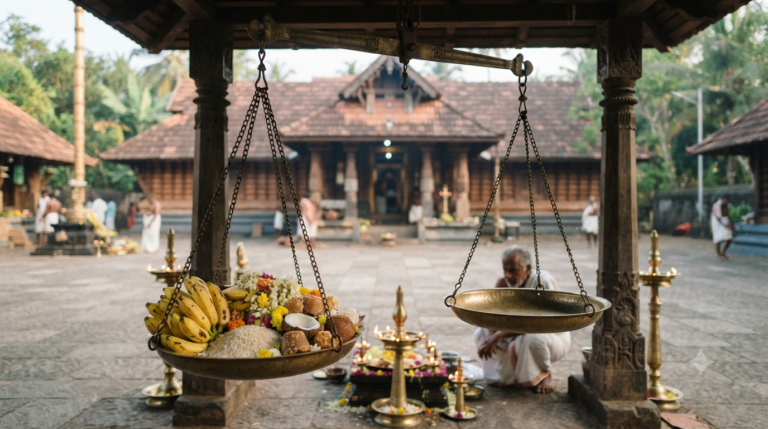 Guruvayur thulabharam booking guide showing a traditional weighing balance with offerings