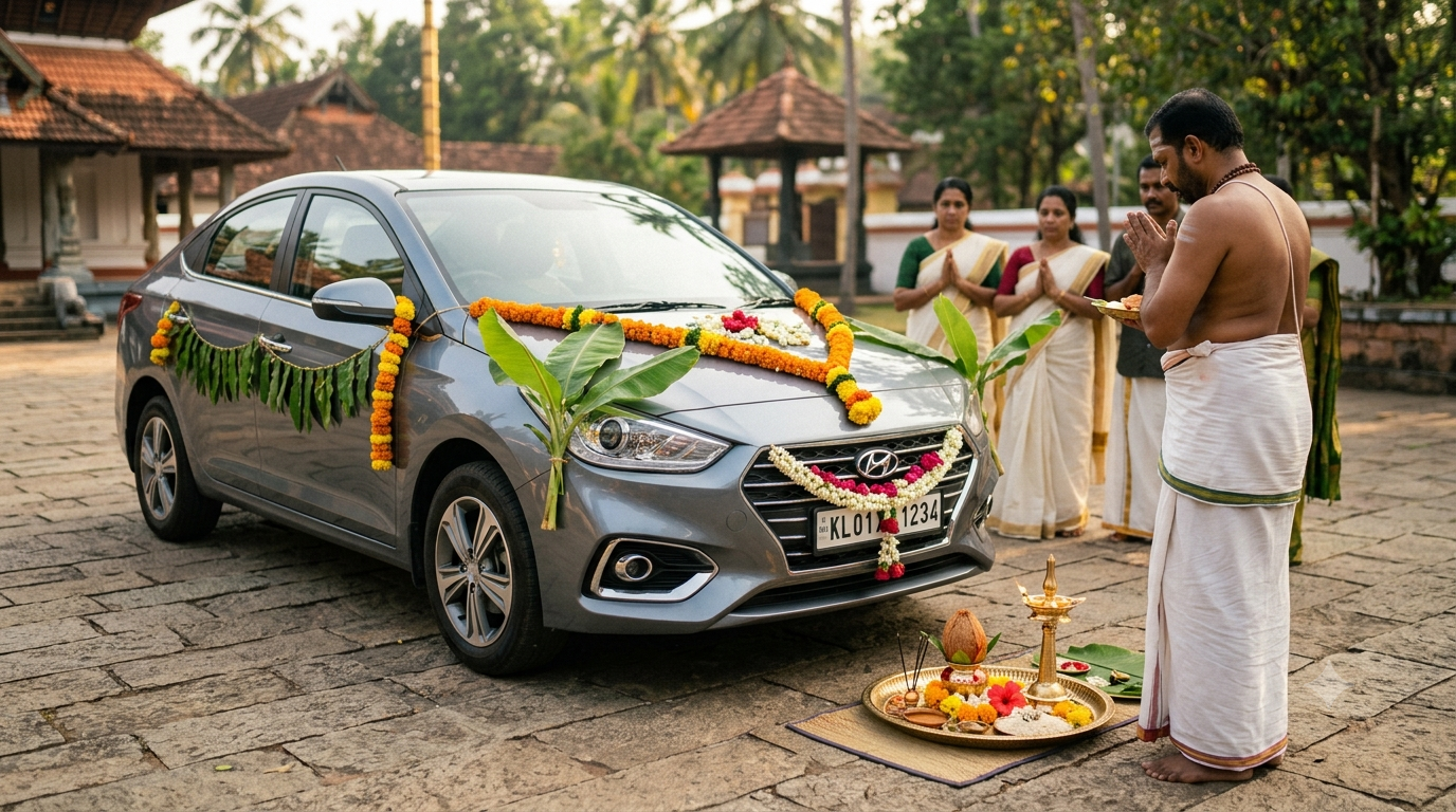 Guruvayur vahana pooja vehicle blessing with decorated car and traditional offerings
