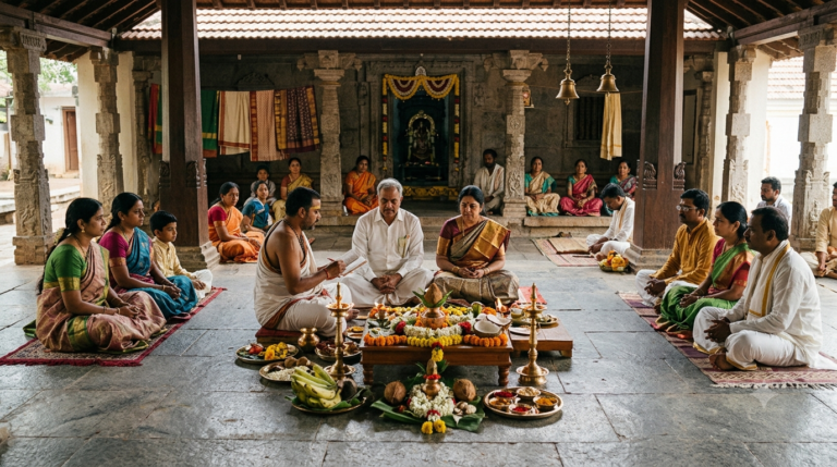 Yadagirigutta Satyanarayana Vratham booking guide illustrated by a traditional puja setting