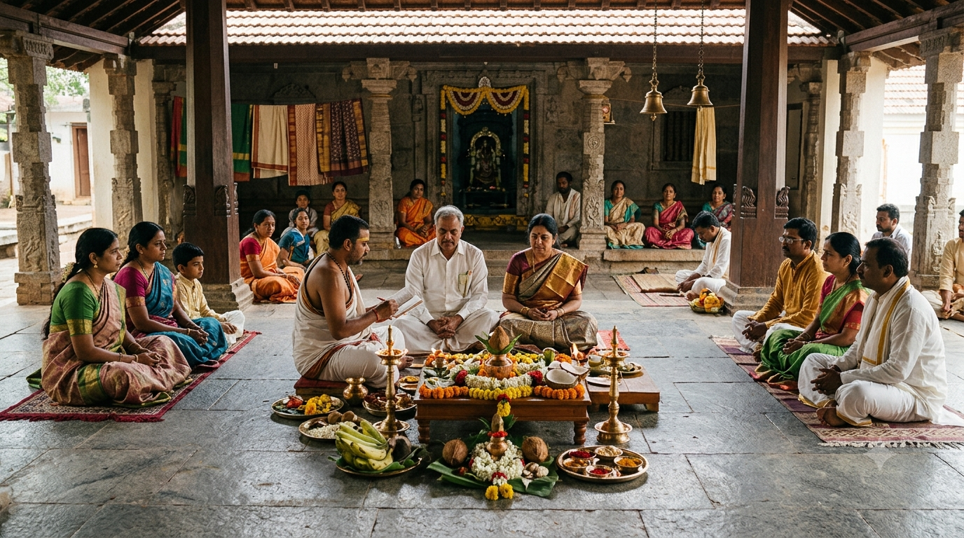 Yadagirigutta Satyanarayana Vratham booking guide illustrated by a traditional puja setting