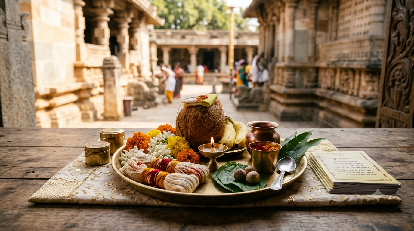 Sringeri temple Upanayanam preparations with sacred thread and traditional puja materials