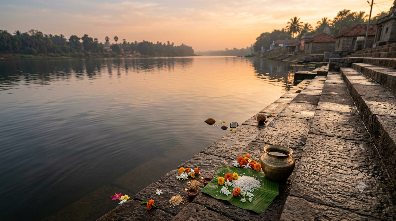 Andhra Pradesh pitru dosha temples and traditional ancestor offerings at a river ghat