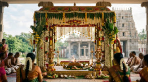 Vallakottai temple marriage setting with traditional wedding decorations and mandapam
