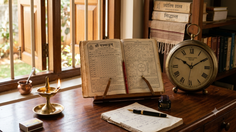 Durmuhurtham meaning and timings shown with a Hindu Panchang calendar and clock