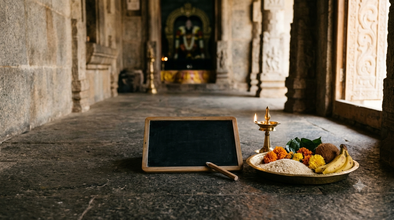 Wargal Aksharabhyasam ceremony setup with slate, rice and traditional puja offerings