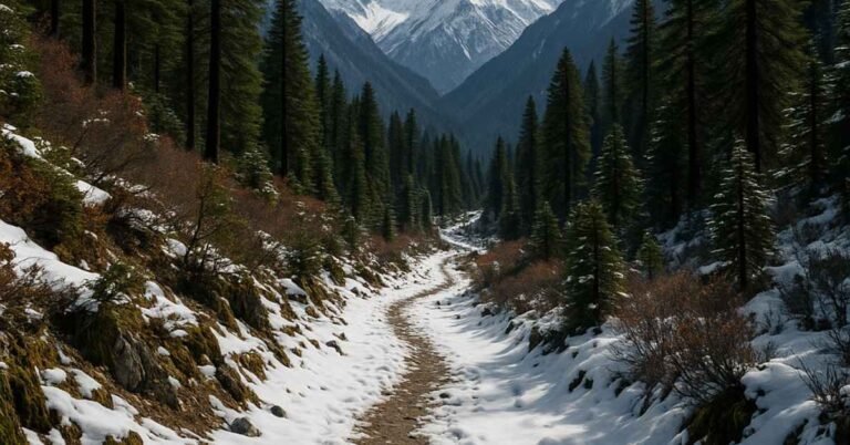 Hidden Himalayan trekking trail amidst forests and peaks