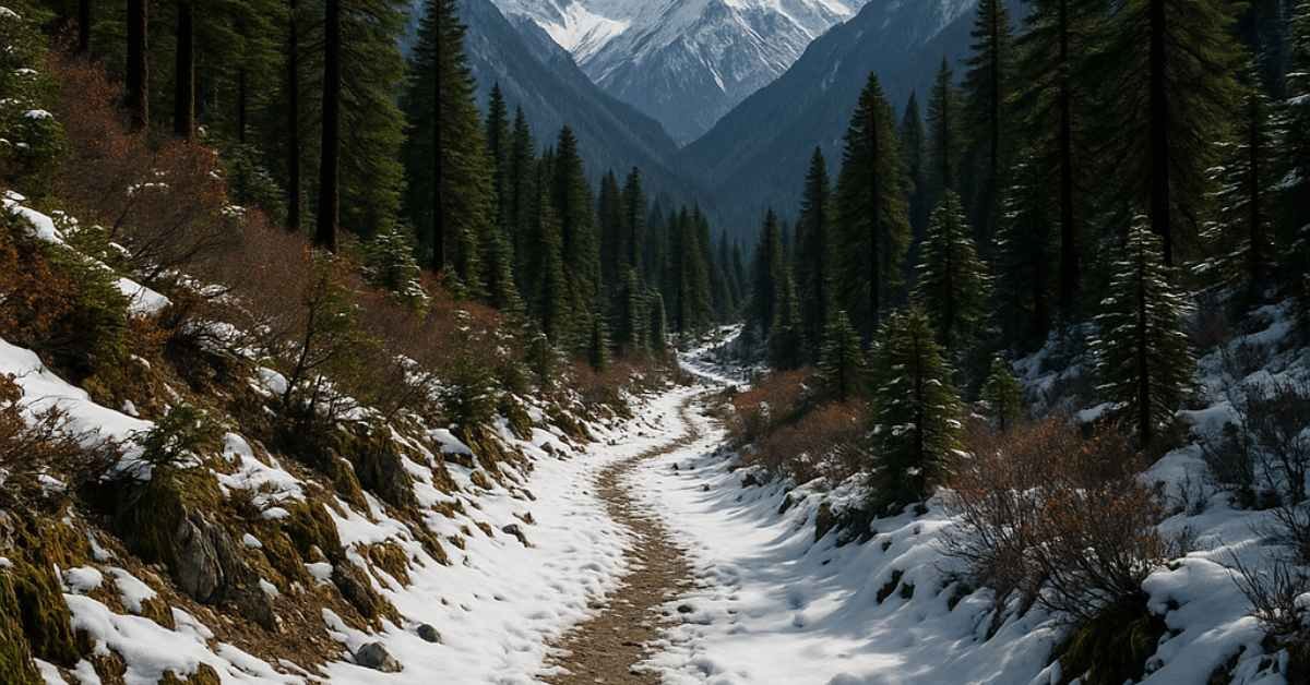 Hidden Himalayan trekking trail amidst forests and peaks