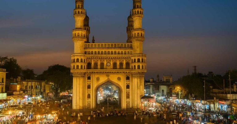 Charminar at dusk with bustling Laad Bazaar, Hyderabad travel guide image