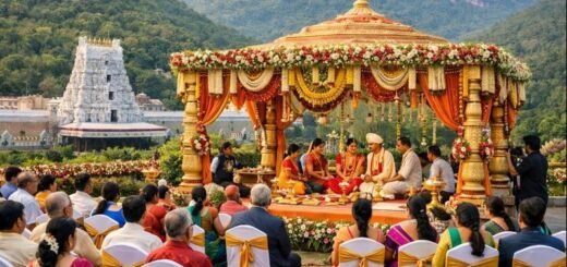 Private Marriage Halls Destination wedding at Tirumala with scenic hills and decorated hall