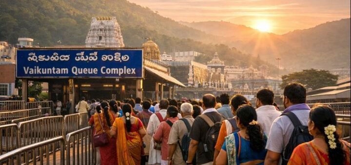Seva Darshan Ttd Tirumala pilgrims queue with temple background