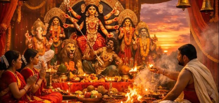 2022 Maha Navami Durga Puja altar with traditional decorations