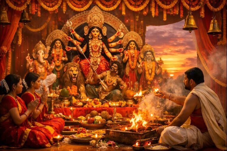 2022 Maha Navami Durga Puja altar with traditional decorations