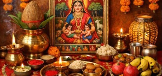 Ahoi Ashtami Puja Vrat samagri on decorated altar