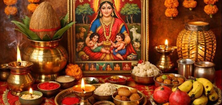 Ahoi Ashtami Puja Vrat samagri on decorated altar