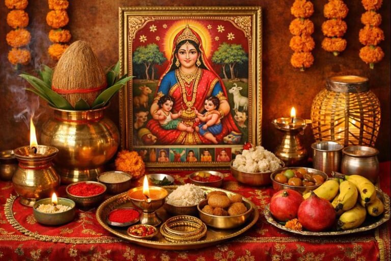 Ahoi Ashtami Puja Vrat samagri on decorated altar