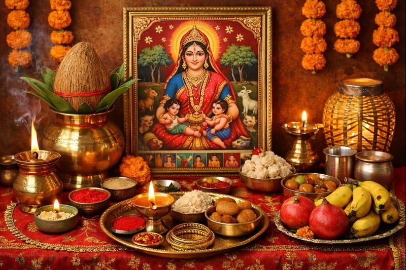 Ahoi Ashtami Puja Vrat samagri on decorated altar