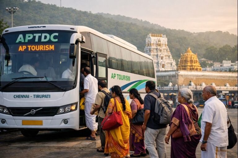 APTDC AP Tourism Tirupati Package From Chennai Review scene of pilgrims and coach