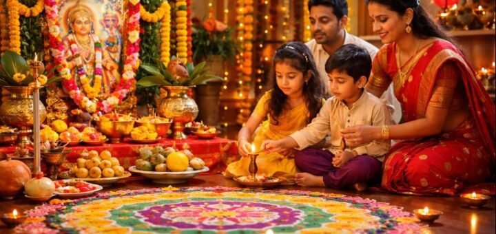 Balipadyami Festival Pooja Vidhanam celebration with rangoli and lamps
