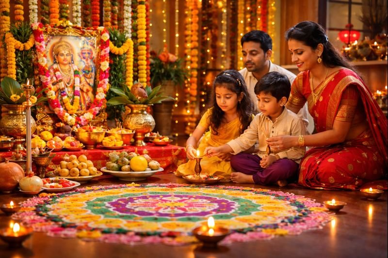 Balipadyami Festival Pooja Vidhanam celebration with rangoli and lamps