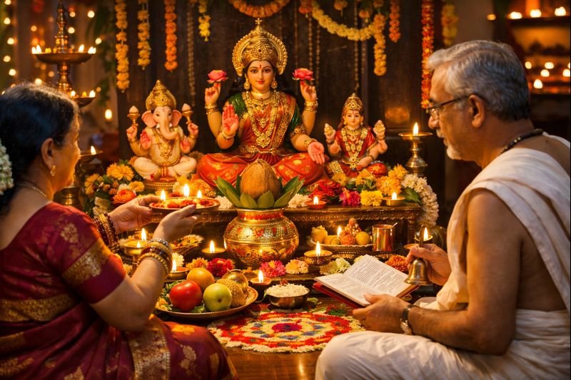 Deepavali Lakshmi Pooja Procedure traditional home puja setup
