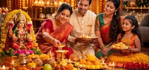 Deepavali Nomulu 2022 Telugu with traditional lamps and puja setup