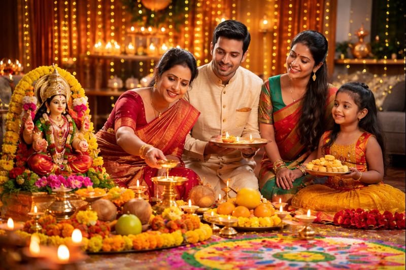 Deepavali Nomulu 2022 Telugu with traditional lamps and puja setup