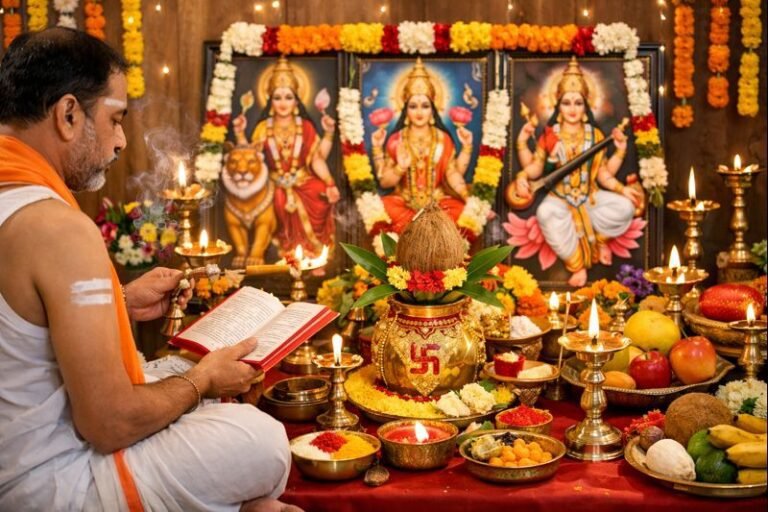 Devi Navaratri Pooja Vidhanam home altar instructions.