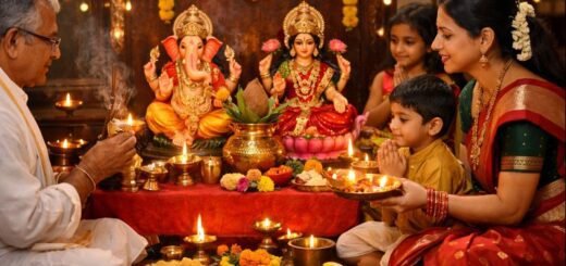 Diwali Nomu Pooja Vidhanam traditional altar with lamps and offerings