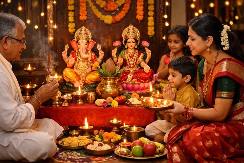 Diwali Nomu Pooja Vidhanam traditional altar with lamps and offerings