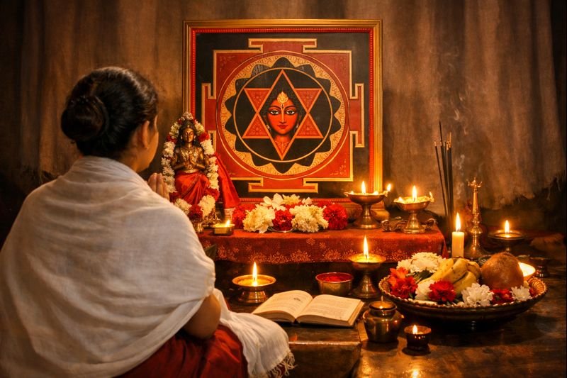 Isha Linga Bhairavi Sadhana devotional setup with yantra and offerings