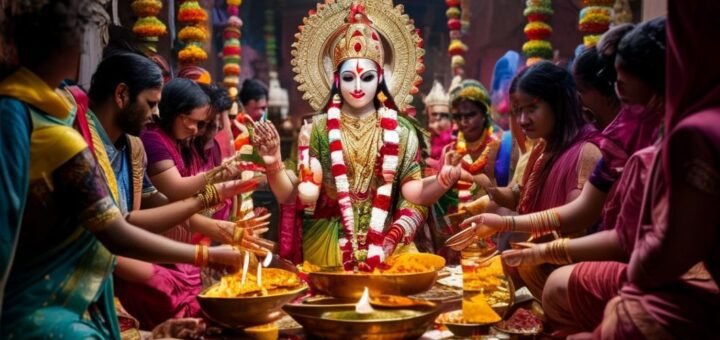 "Kanaka Durga Devi Navratri Dasara Naivedyam Prasadam List in front of decorated deity"