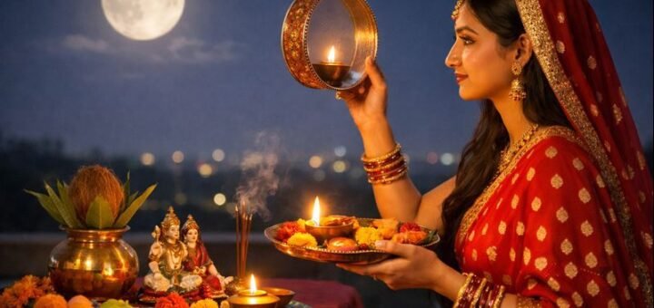 Karwa Chauth Puja Vidhi ceremony for unmarried girl with puja items and moonrise.