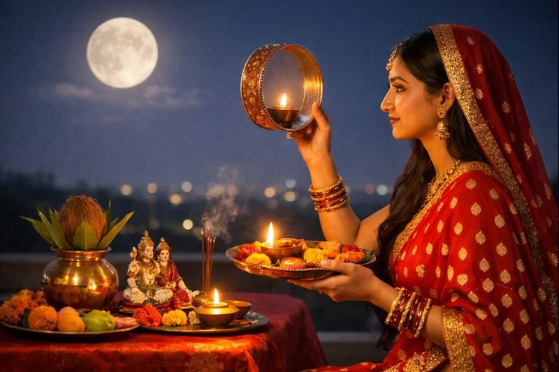 Karwa Chauth Puja Vidhi ceremony for unmarried girl with puja items and moonrise.