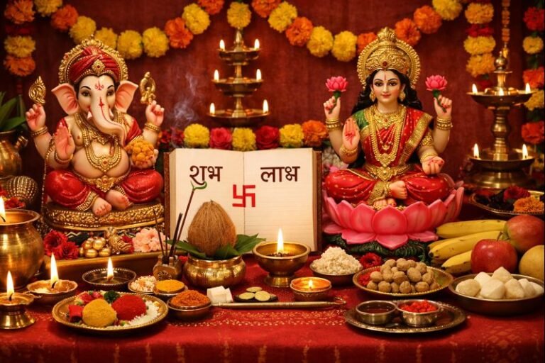 Labh Panchami Puja Vidhi at home with decorated altar