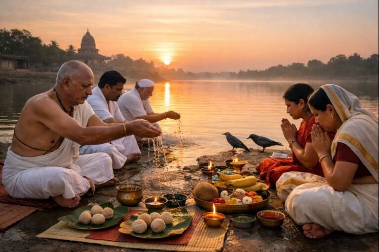 Mahalaya Amavasya Tharpanam 2022 rituals at a riverbank performing ancestral rites