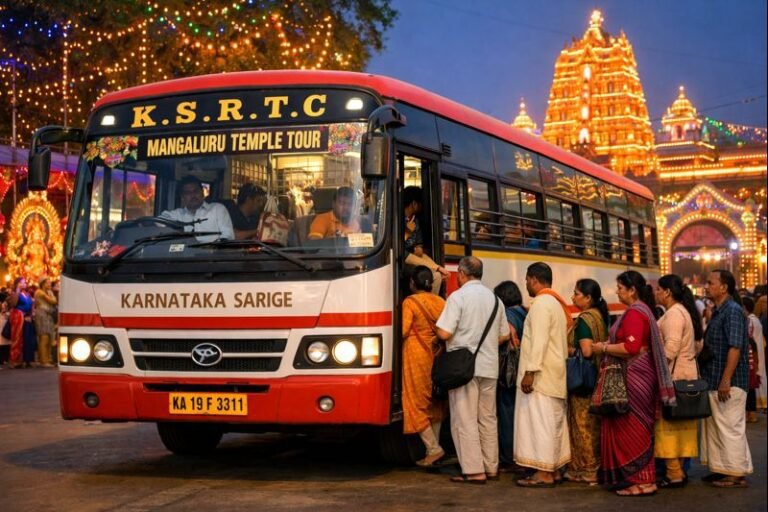 Mangalore Dasara Package Ksrtc pilgrims boarding bus for temple tour