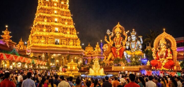 Mangalore Kudroli Temple Navaratri illuminated festival scene