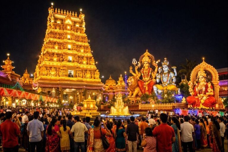Mangalore Kudroli Temple Navaratri illuminated festival scene
