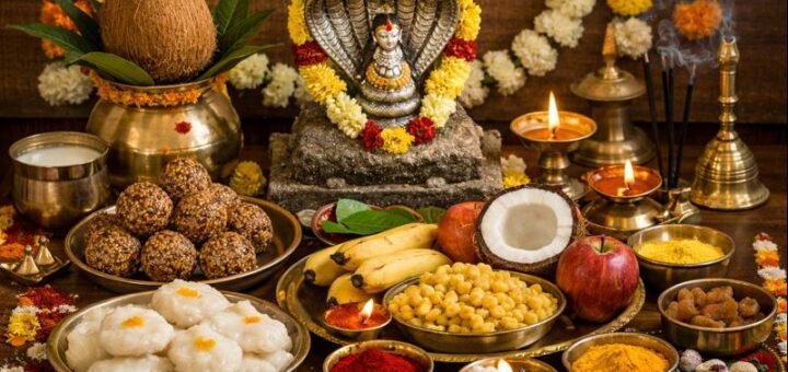 Nagula Chavithi Pooja Vidhanam with prasadam and samagri setup