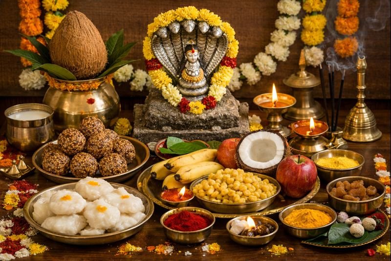 Nagula Chavithi Pooja Vidhanam with prasadam and samagri setup