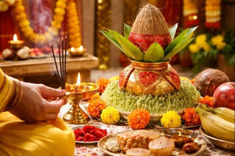 Navratri 2022 Ghatasthapana Date Muhurtham Time Pooja ritual with decorated kalash.